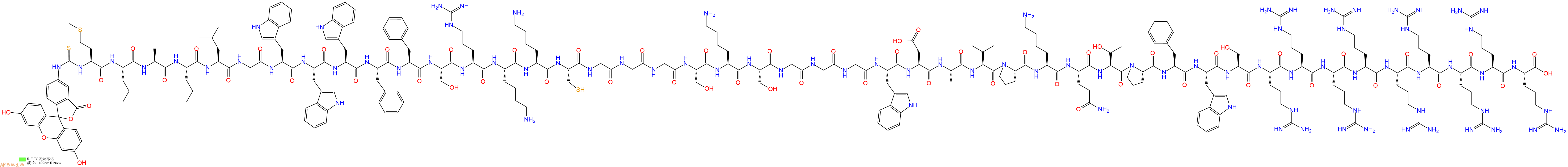 專肽生物產(chǎn)品5FITC-Met-Leu-Ala-Leu-Leu-Gly-Trp-Trp-Trp-Phe-Phe-Ser-Arg-Lys-Lys-Cys-Gly-Gly-Gly-Ser-Lys-Ser-Gly-Gly-Gly-Trp-Asp-Ala-Val-Pro-Lys-Gln-Thr-Pro-Phe-Trp-Ser-Arg-Arg-Arg-Arg-Arg-Arg-Arg-Arg-Arg-OH