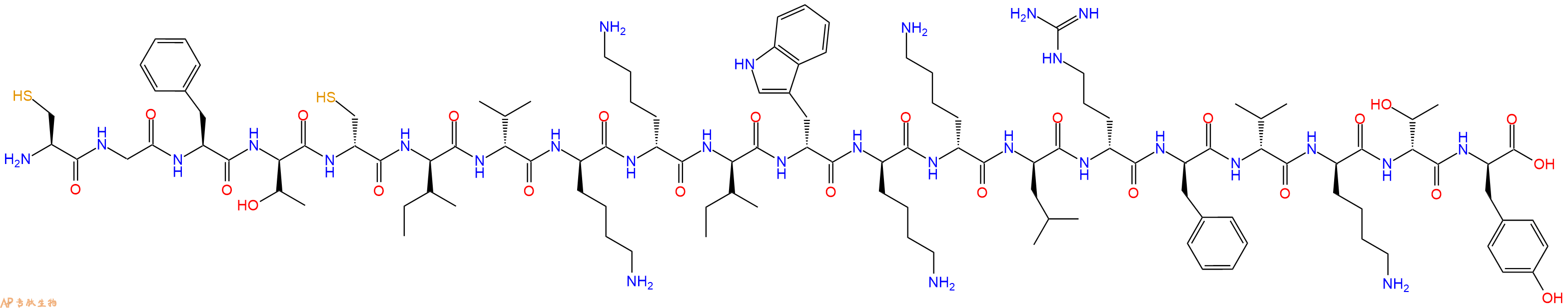 專肽生物產(chǎn)品H2N-Cys-Gly-Phe-DThr-DCys-DIle-DVal-DLys-DLys-DIle-DTrp-DLys-DLys-DLeu-DArg-DPhe-DVal-DLys-DThr-DTyr-OH