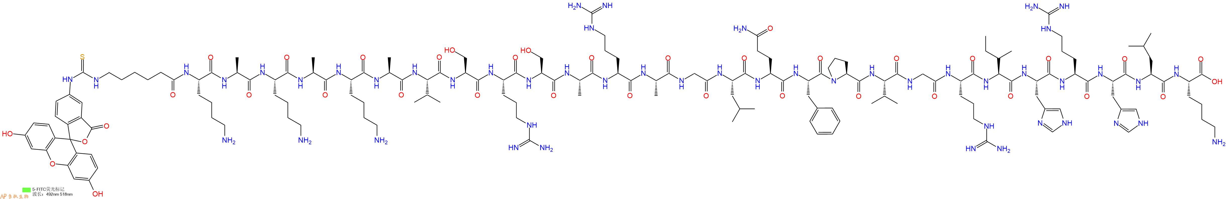 專肽生物產(chǎn)品5FITC-Ahx-Lys-Ala-Lys-Ala-Lys-Ala-Val-Ser-Arg-Ser-Ala-Arg-Ala-Gly-Leu-Gln-Phe-Pro-Val-Gly-Arg-Ile-His-Arg-His-Leu-Lys-OH